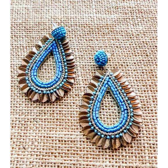 Unbranded Jewelry - Boho Blue Beaded Teardrop Dangle Earrings Bronze Scalloped Trim Jewelry